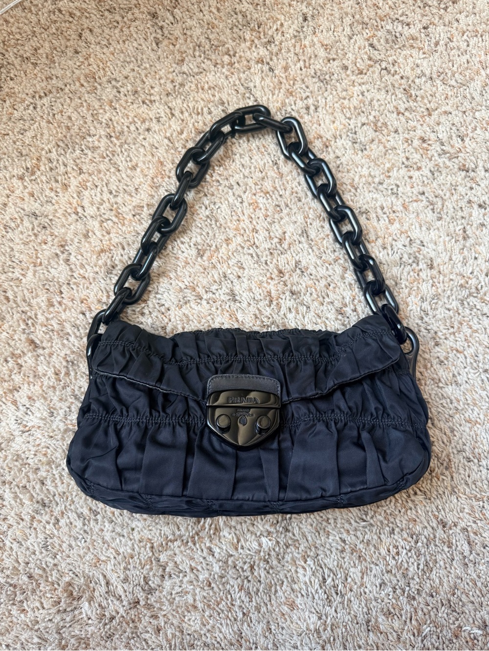Prada Black Ruched Shoulder Bag with Chain Handle